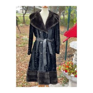 70s Sportowne Faux Fur Dress Coat Sheared Animal Print Wide Lapel Belted Retro V